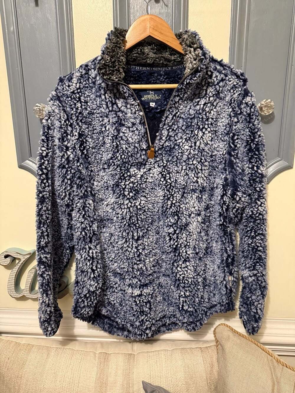 Simply Southern Quarter Zip Sherpa Pullover Size M Blue Fuzzy Fleece